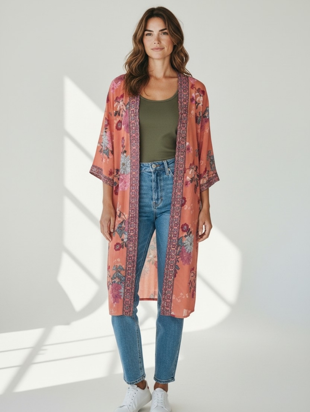 DR2 Floral Boho Kimono Duster Cardigan XS/S Rust Orange 3/4 Sleeve